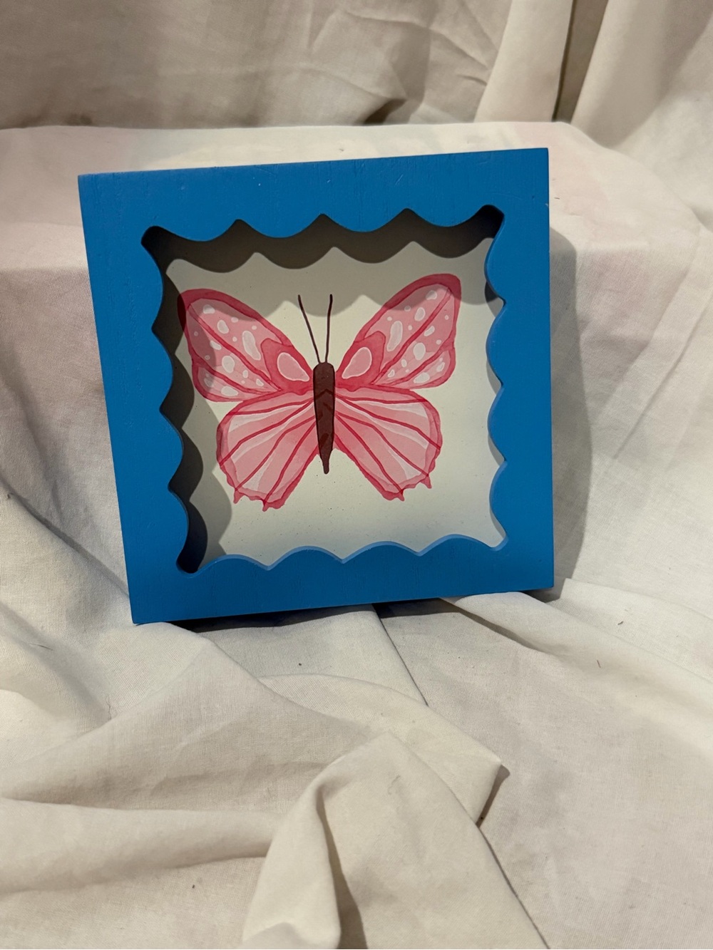 Blue Shadow Box Frame with Pink Butterfly Art